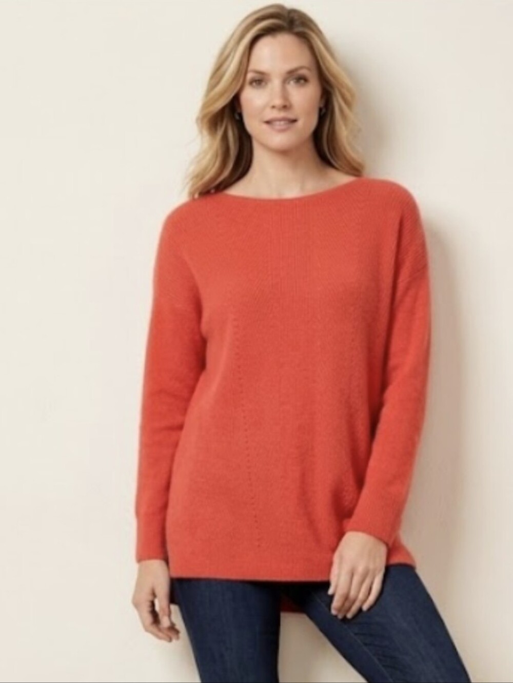 Talbots Coral Red Cashmere Blend Tunic Sweater Boatneck Ribbed Long M